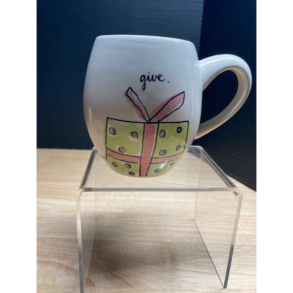 Rae Dunn ‘Give’ 'Joy to the World' White Green Black Coffee Mug Pre-Owned - Picture 1 of 6